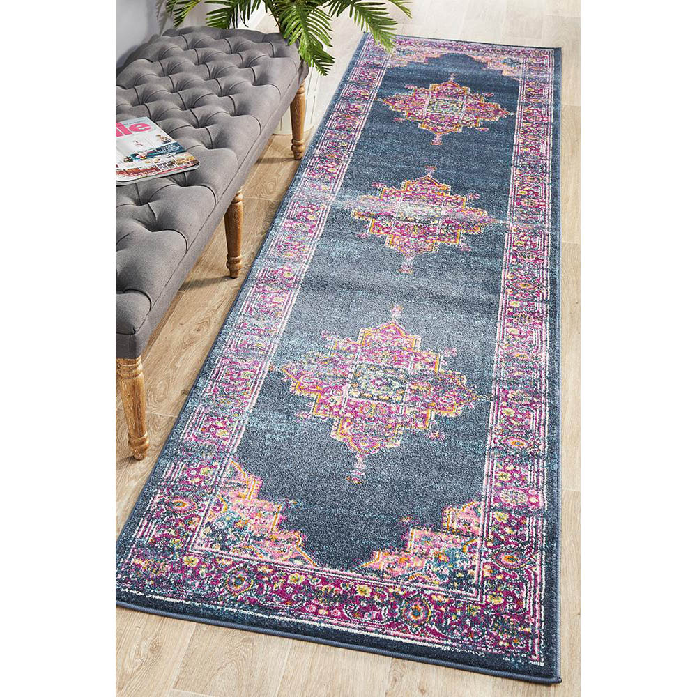 Tapete Rug Navy & Fuschia Oriental Runner Rug 400x80cm Peter's of