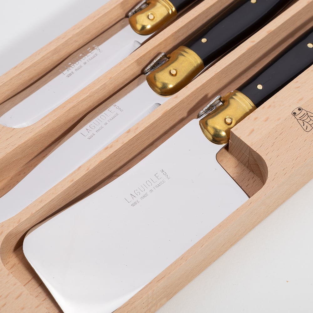 Laguiole Debutante Cheese Knife Black with Brass Set 3pce Peter's