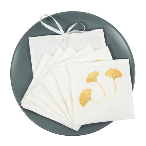 Serenk Gingko White Linen Cocktail Napkin 25x25 Set 6pcs - Peter's of Kensington