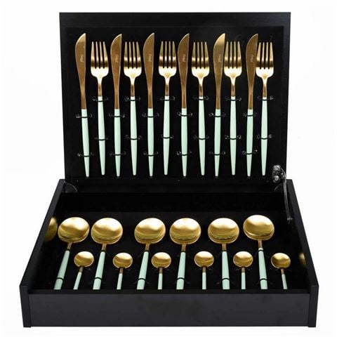 Cutipol - Goa Celadon & Gold S/Steel Cutlery Set 24pce w/Bonus Wooden Canteen
