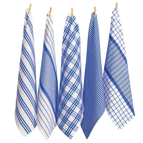 NEW Rans Milan Stripe & Check Tea Towel Paradise Blue Set 5pce 
