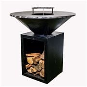 Flaming Coals - Round Black Firepit BBQ Wood Storage 100cm