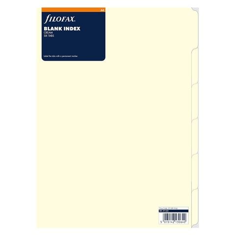 Filofax - A4 Blank Index Dividers Refill Cream 6 Tab/Pack