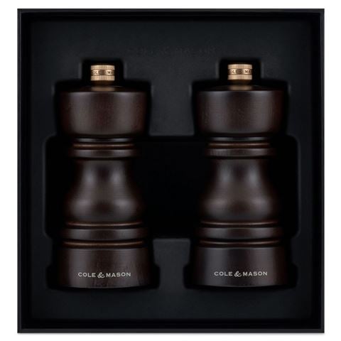 Cole & Mason London Salt & Pepper Mill Stained Wood Set Chocolate 2pce 13cm - Peter's of Kensington
