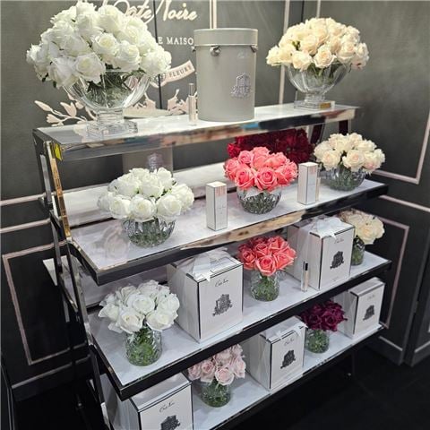 Cote Noire 32 Blush Rose Centrepiece In Round Vase w/Square Base Gold Crest - Peter's of Kensington