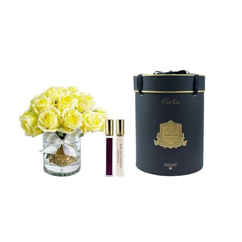 Cote Noire - Luxury Grand Rose Bouquet w/Clear Glass Vase & Gold Crest Yellow