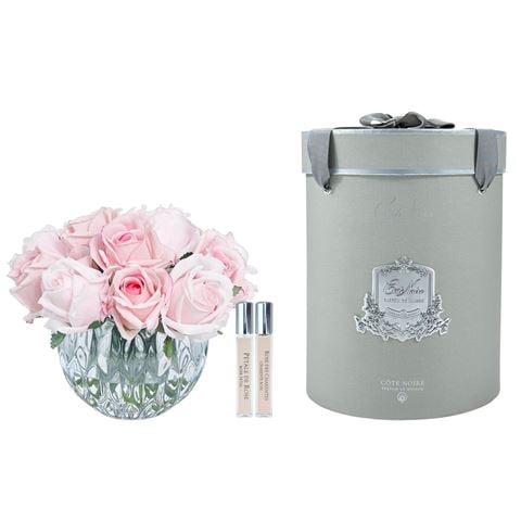 Cote Noire - Luxury 13 Rose Bud Bouquet w/Round Vase & Gold Crest Mixed Pink