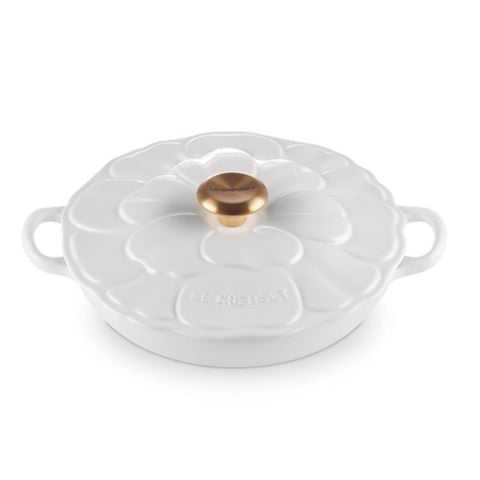 Le Creuset Signature Petal Cast Iron Shallow Casserole Shiny White 26cm - Peter's of Kensington