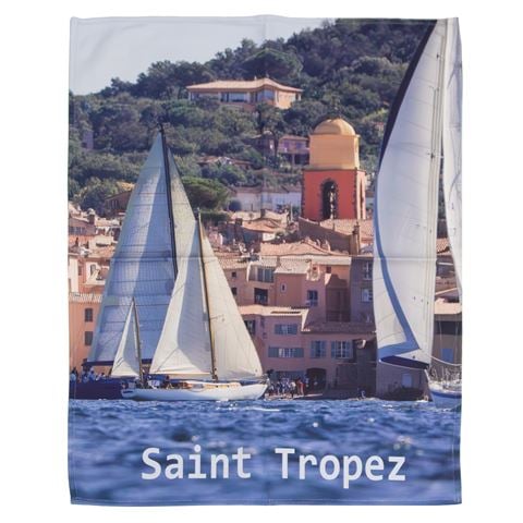 L'Ensoleillade - Tea Towel Blue & Purple Village St Tropez w/Sailing Yachts
