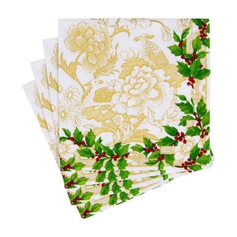 Caspari - Cocktail Napkin Set Holly Ceramic Ivory/Gold 25x25cm 20pce