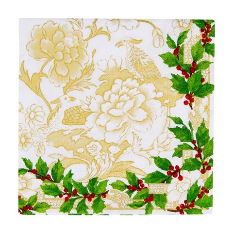 Caspari - Cocktail Napkin Set Holly Ceramic Ivory/Gold 25x25cm 20pce