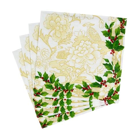 Caspari Lunch Napkin Set Holly Ceramic Ivory/Gold 33x33cm 20pce - Peter's of Kensington