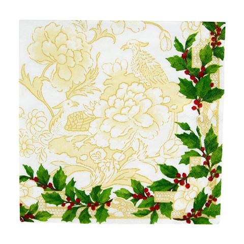Caspari Lunch Napkin Set Holly Ceramic Ivory/Gold 33x33cm 20pce - Peter's of Kensington