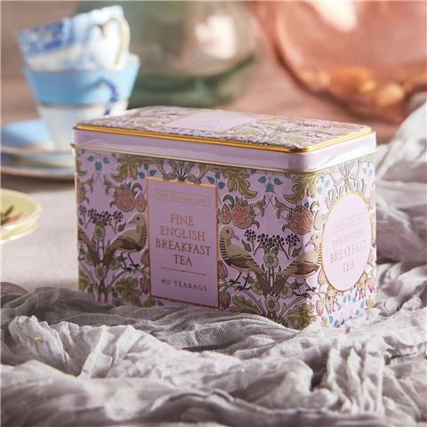 New English Teas Limited - Song Thrush Tin Pink w/40  English Breakfast Tea Bags 80g
