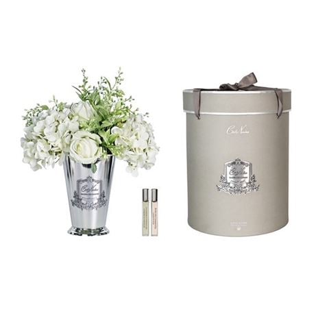 Cote Noire Grand Summer Posies Green & White In Silver Goblet w/Silver Crest - Peter's of Kensington