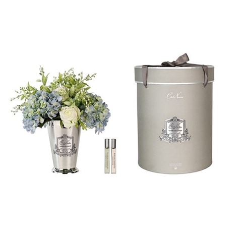 Cote Noire - Grand Summer Posies Blue & Natural in Silver Goblet w/Silver Crest