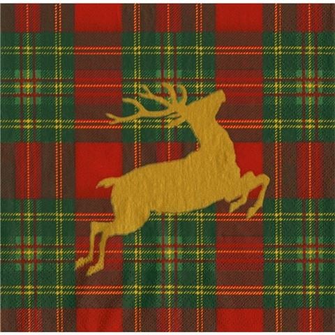 Caspari - Lunch Napkin Reindeer Tartan Red 33x33cm Set 20pce