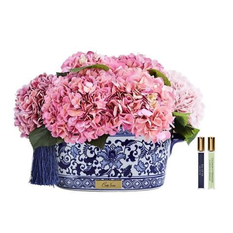 Cote Noire - Pink Hydrangea w/Blue Chinoiserie Pot Navy Tassel & Gold Crest