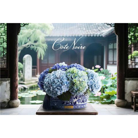 Cote Noire - Blue Hydrangea w/Chinoiserie Pot Navy Tassel & Gold Crest