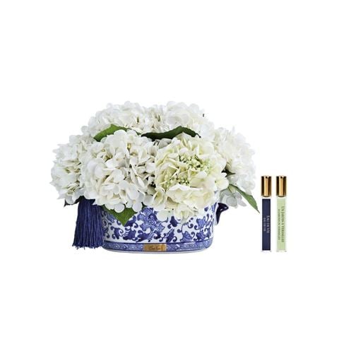 Cote Noire - White Hydrangea w/Chinoiserie Pot Navy Tassel & Gold Crest