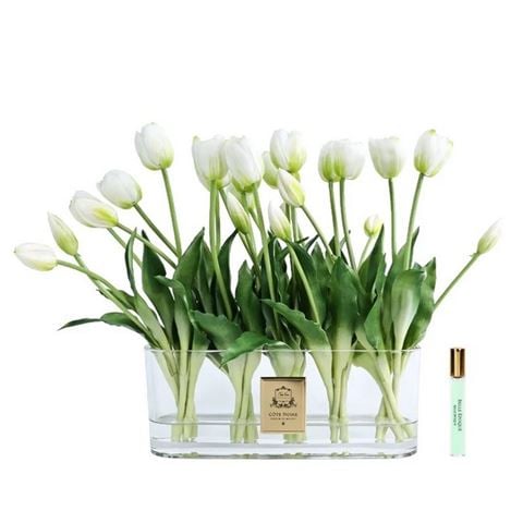 Cote Noire - Tulips Arrangement in Oval Vase White w/Gold Crest