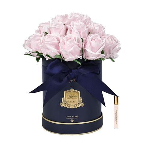Cote Noire 23 Rose Bud Bouquet French Pink w/Navy Hat Box & Gold Crest - Peter's of Kensington