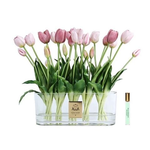 Cote Noire Tulip Arrangement w/Oval Vase & Gold Crest Mixed Pink - Peter's of Kensington