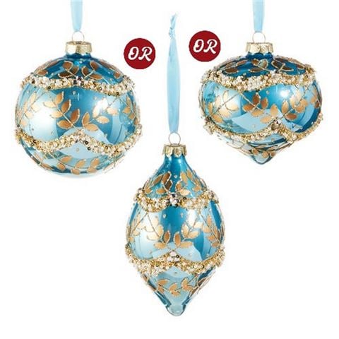 Raz - Holiday Rendezvous-Gold Leaf Wrapped Blue Iridescent Ornament