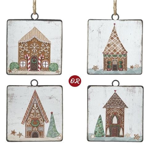 Raz - Holly Jolly Holiday Gingerbread House Square Disc Ornament Assorted