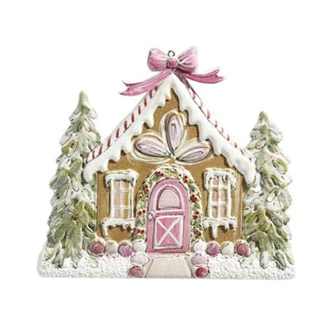 Raz - Holly Jolly Holiday Gingerbread House Ornament w/Pink Features