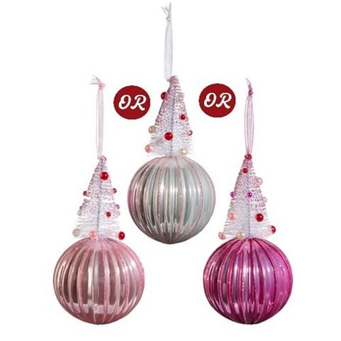 Raz - Holly Jolly Holiday Pink Bottle Brush Tree On Ball Ornament Assorted
