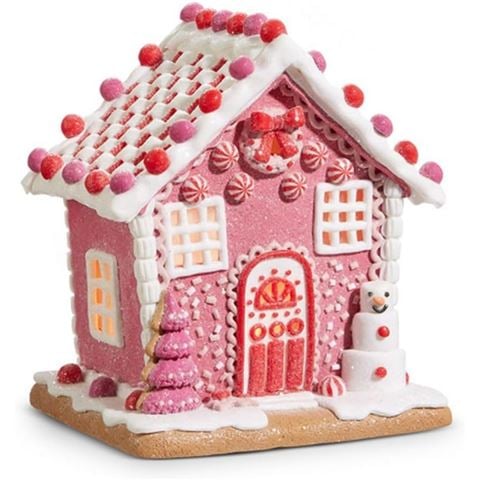 Raz - Lighted Pink Gingerbread House