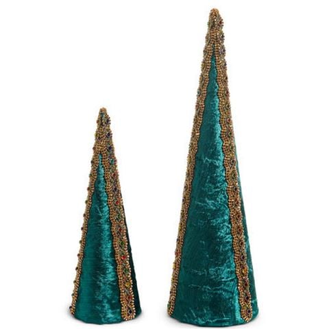Raz - All Of The Trimmings Green Velvet Jeweled Cone Tree Set 2pce