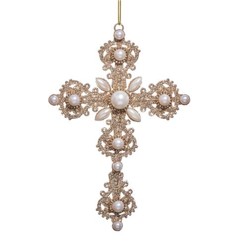 Raz - Holiday Rendezvous Glitter and Pearl Cross Ornament