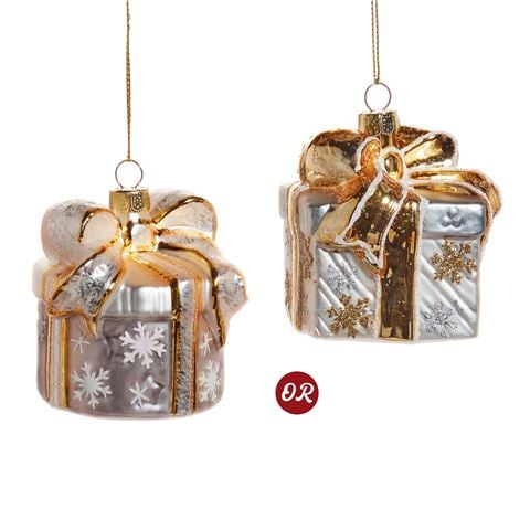 Raz - The Christmas Shoppe Silver Gold Present Ornaments Assorted
