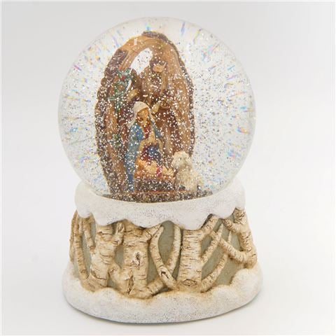 Roman Christmas - Holy Family Lighted Swirl Glitter Dome w/Wood Log 12cm
