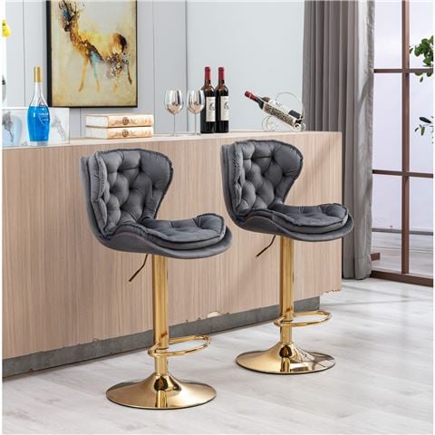 Design Arc Furniture - Plush Velvet Grey & Gold Gas Lift Bar Stool