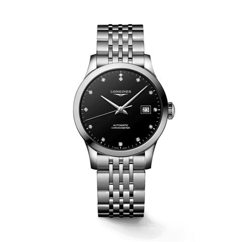 Longines - Record Auto. Watch S.S. w/Black Dial Diamond Indexes 30mm L23214576
