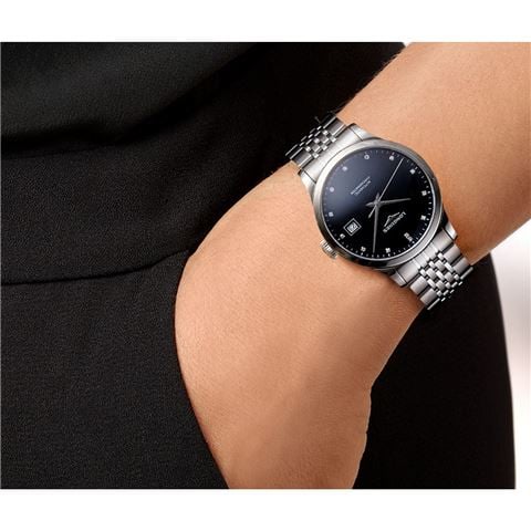 Longines - Record Auto. Watch S.Steel w/Diamonds Black Dial 38.5mm L28204576