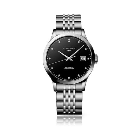 Longines - Record Auto. Watch S.Steel w/Diamonds Black Dial 38.5mm L28204576