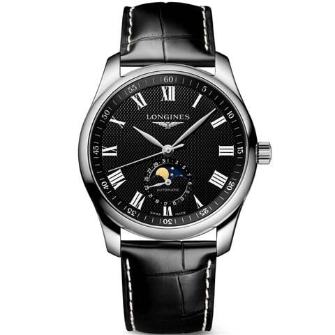 Longines - Master Auto. Moonphase Watch S.S Black XL Croc. Strap 42mm  L29194518