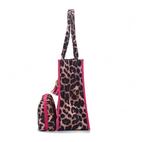 White Lotus - Queen of Hearts Book Tote Set Leopard w/Pink Trim 2pce