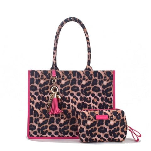 White Lotus - Queen of Hearts Book Tote Set Leopard w/Pink Trim 2pce