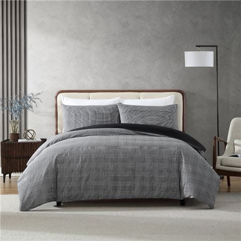 Kenneth Cole - Houndstooth Plaid Quilt Cover Set Black/White Queen 3pce