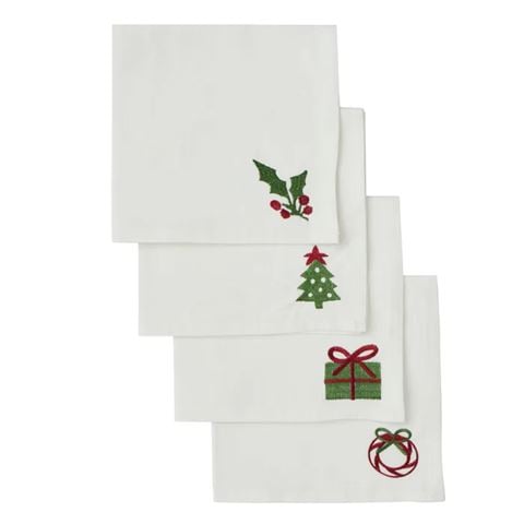 Christmas - Cotton Napkin Set w/Motif 4pce White 40cm