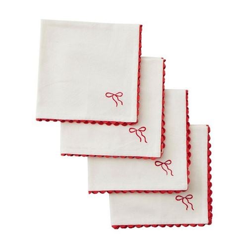 Coast To Coast - Embroidered Bow Cotton Napkins Red/White Set 4pce