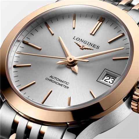 Longines - Record Auto. Watch S.Steel & 18k Rose Gold w/Silver Sunray Dial 26mm