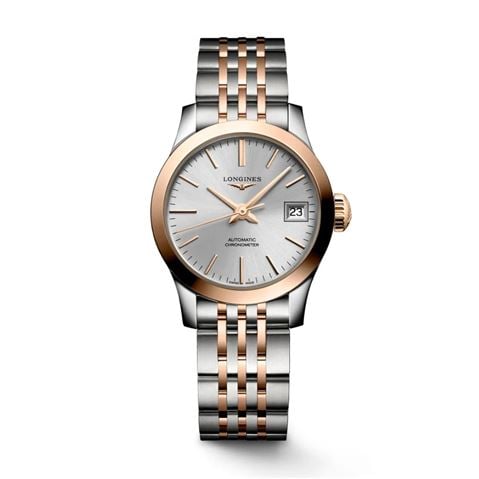 Longines - Record Auto. Watch S.Steel & 18k Rose Gold w/Silver Sunray Dial 26mm