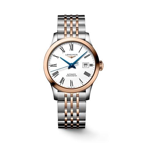 Longines - Record Auto. Watch S.Steel & 18k Rose Gold w/White Matt Dial 30mm