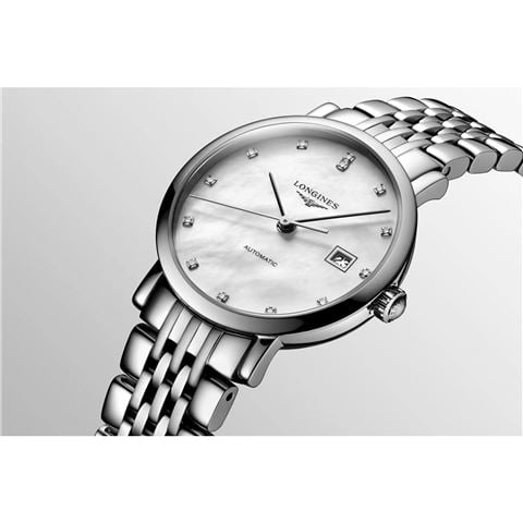 Longines - Elegant Auto. Watch S.Steel White M.O.P Dial w/Diamonds 29mm